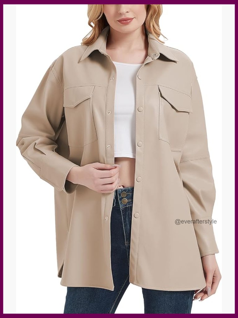 Women Faux Leather Relaxed Fit Shacket Jacket Button Down Long Sleeve